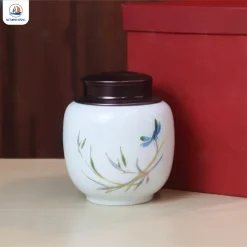 Hũ trà gốm men sứ trắng họa tiết trúc chuồn