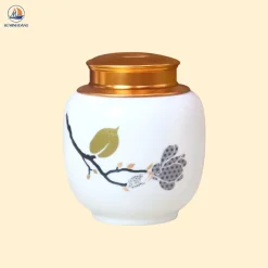 Hũ trà trắng họa tiết Lá Kim Ngân