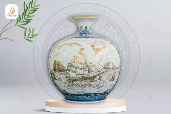 Bình gốm Thuận Buồm Xuôi Gió kẻ vàng