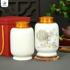 Hũ đựng chè Song Điểu men trắng