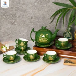 Bộ ấm chén Thuận Buồm Xuôi Gió men xanh kẻ vàng