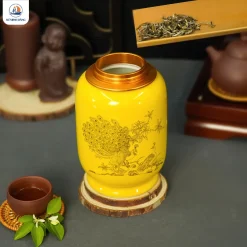 Hũ đựng chè Song Điểu men vàng