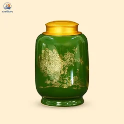 Hũ đựng chè Song Điểu men xanh lá