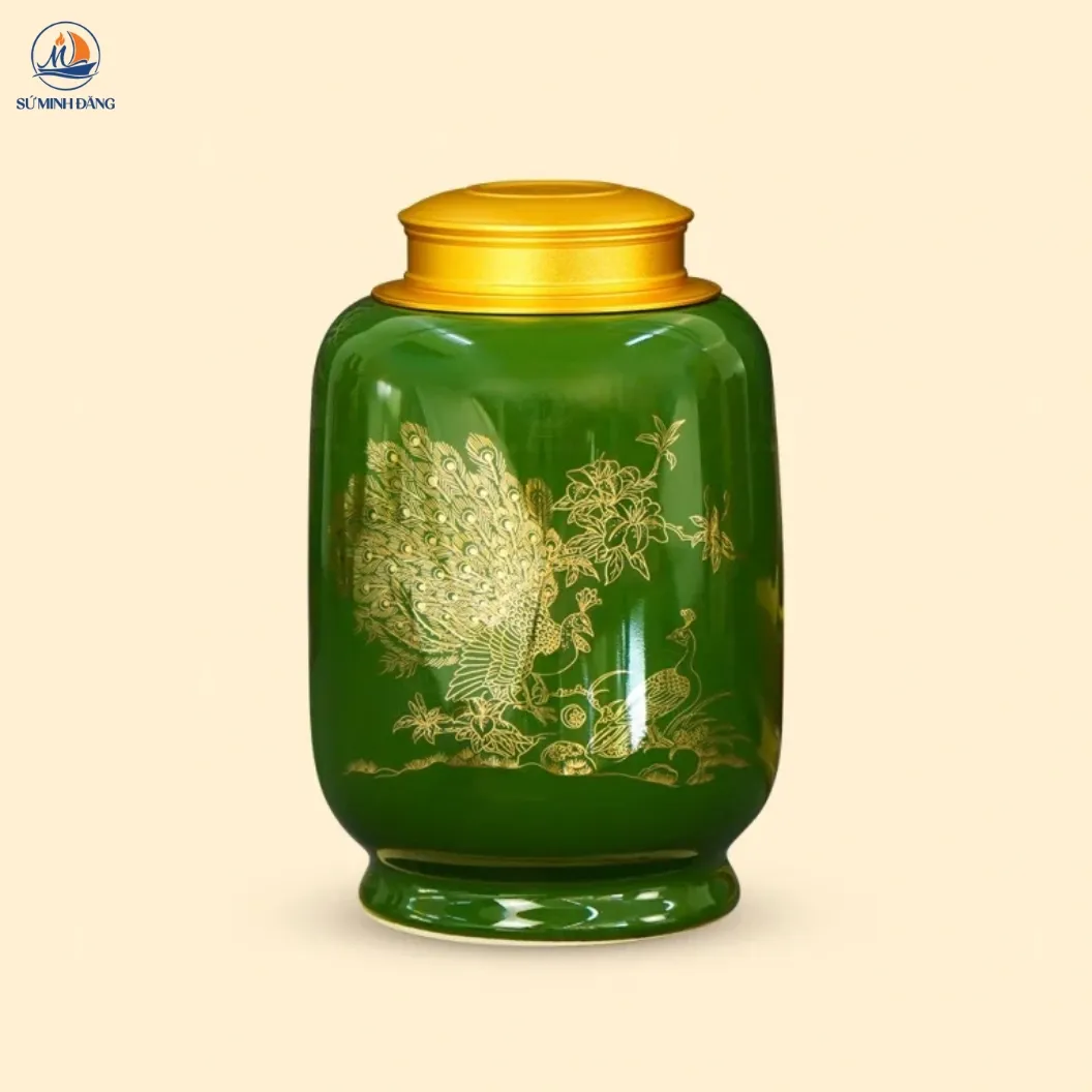 Hũ đựng chè Song Điểu men xanh lá