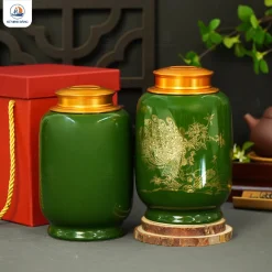 Hũ đựng chè Song Điểu men xanh lá in logo