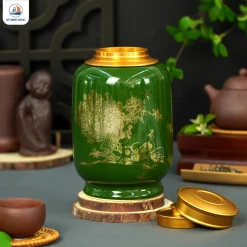 Hũ đựng chè Song Điểu men xanh lá