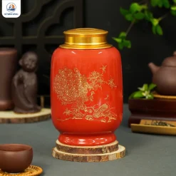 Hũ đựng chè Song Điểu men đỏ
