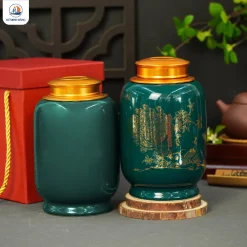 Hũ đựng chè Song Điểu men xanh lục in logo