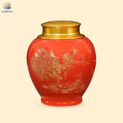 Hũ trà gốm Song Điểu men đỏ