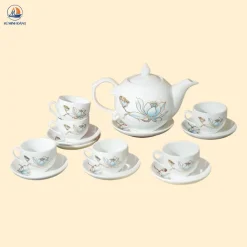 Bộ ấm chén hoa sen kẻ vàng dáng bưởi lửa