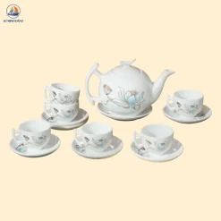 Bộ ấm chén trăng khuyết liên hoa kẻ chỉ vàng