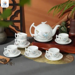 Bộ ấm chén trăng khuyết liên hoa kẻ chỉ vàng