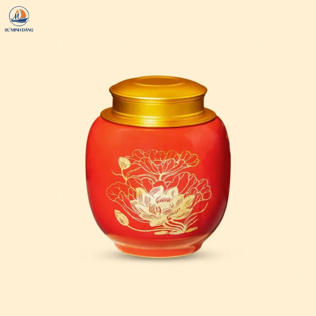 Hũ đựng chè Liên Hoa men đỏ