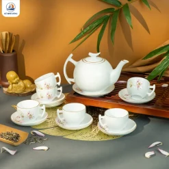 Bộ ấm trà sen hồng kẻ chỉ vàng