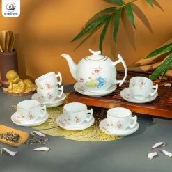 Bộ ấm trà sen hồng kẻ chỉ vàng