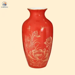 Lọ hoa gốm vẽ sen vàng kim men đỏ