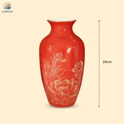 Lọ hoa gốm vẽ sen vàng kim men đỏ