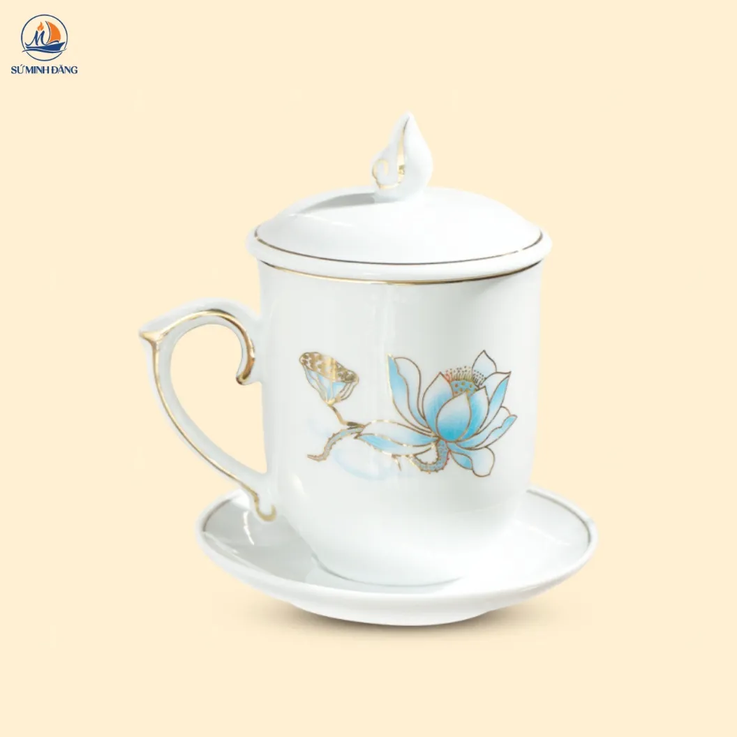 Ly sứ trắng họa tiết sen nước