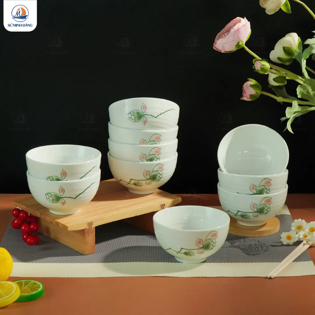 Set bát cơm quà tặng 10 sản phẩm họa tiết hoa sen