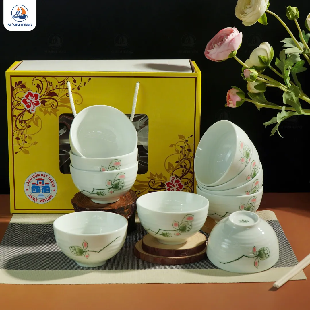 Set bát cơm quà tặng 10 sản phẩm họa tiết hoa sen
