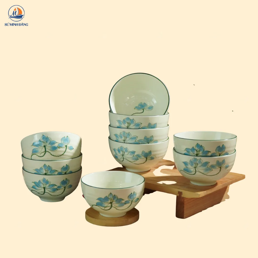 Bộ 10 bát cơm quà tặng họa tiết hoa sen