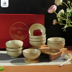 Bộ bát cơm quà tặng Bát Tràng hoa đỏ quà tặng cho công nhân