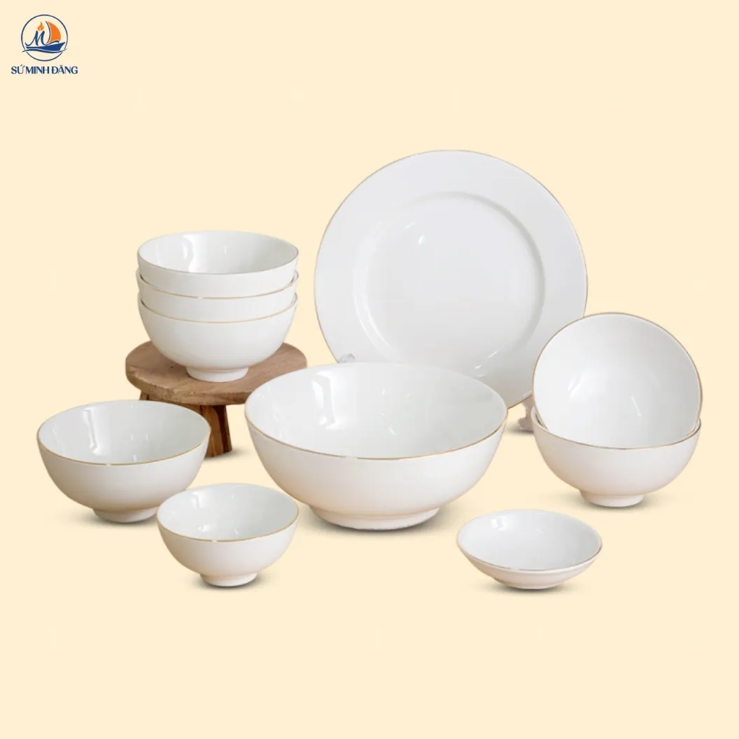 Bộ bát đĩa trắng 10 chi tiết kẻ vàng kim