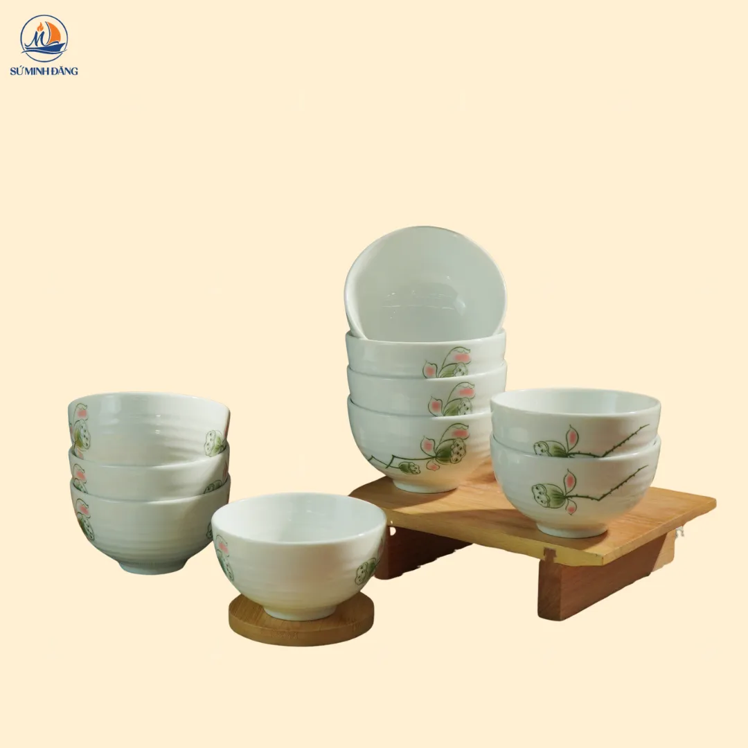 Set bát cơm quà tặng 10 sản phẩm họa tiết hoa sen