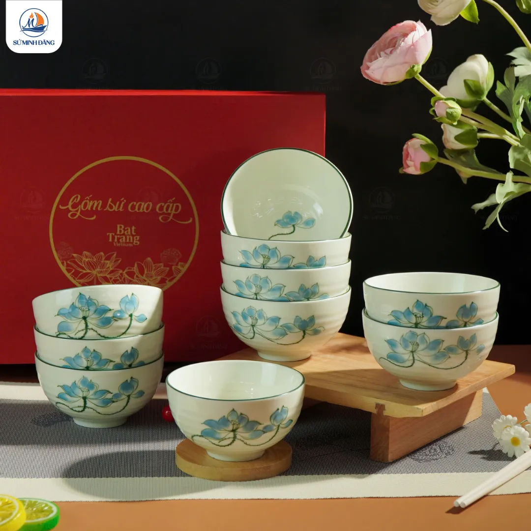 Bộ 10 bát cơm quà tặng họa tiết hoa sen