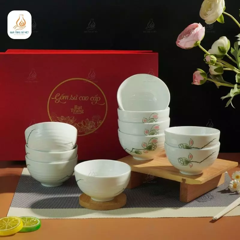 Bộ 10 bát cơm trắng họa tiết hoa sen