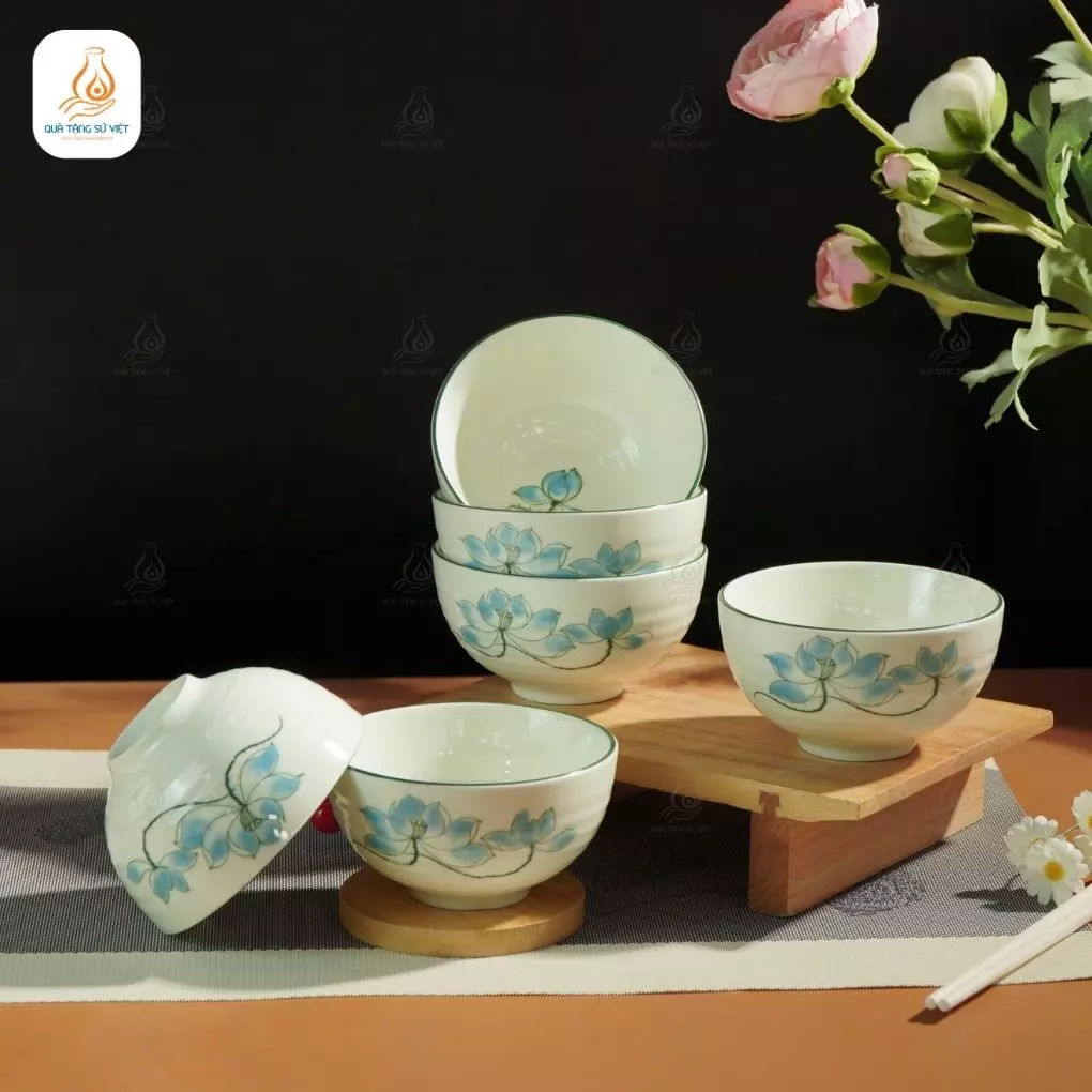 Bộ 10 bát cơm quà tặng họa tiết hoa sen