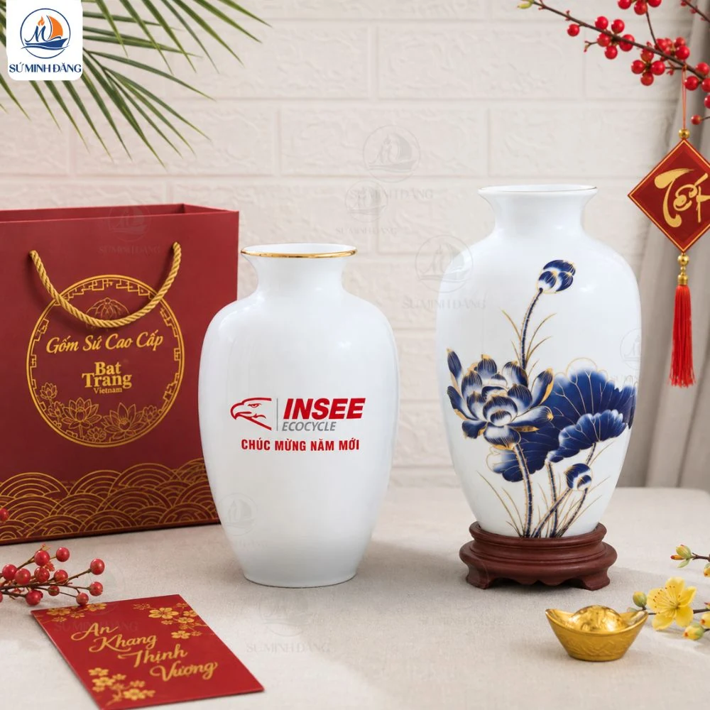 Bình Hoa Sen Xanh Men Trắng In Logo Quà Tết