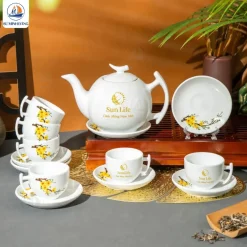 Bộ Ấm Chén Hoa Mai In Logo Quà Tết