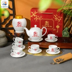 Bộ Ấm Chén Minh Long Hoa Đào In Logo Quà Tết