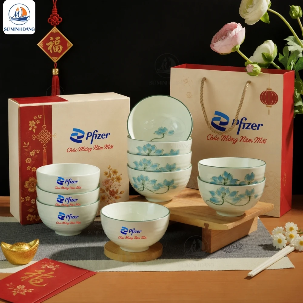 Bộ Bát Cơm Sen Xanh In Logo Quà Tết