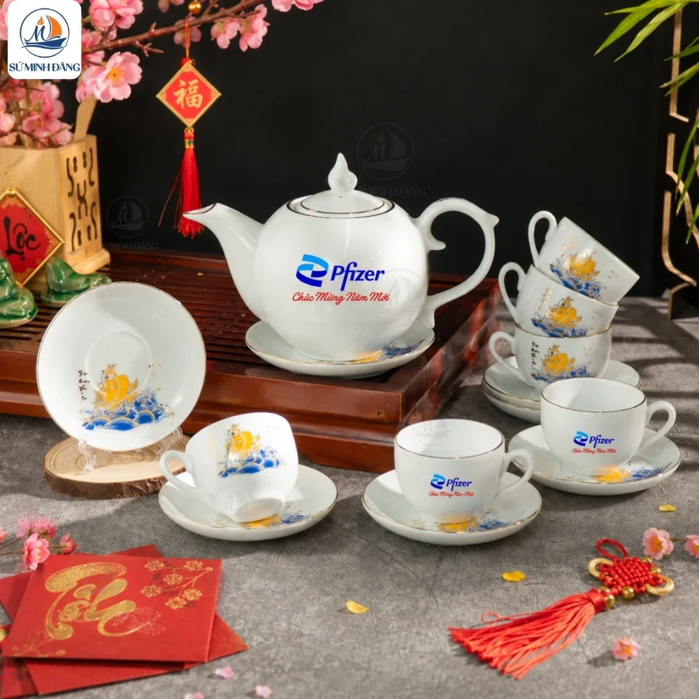 Bộ trà bưởi lửa Thuận Buồm Xuôi Gió In Logo Quà Tết