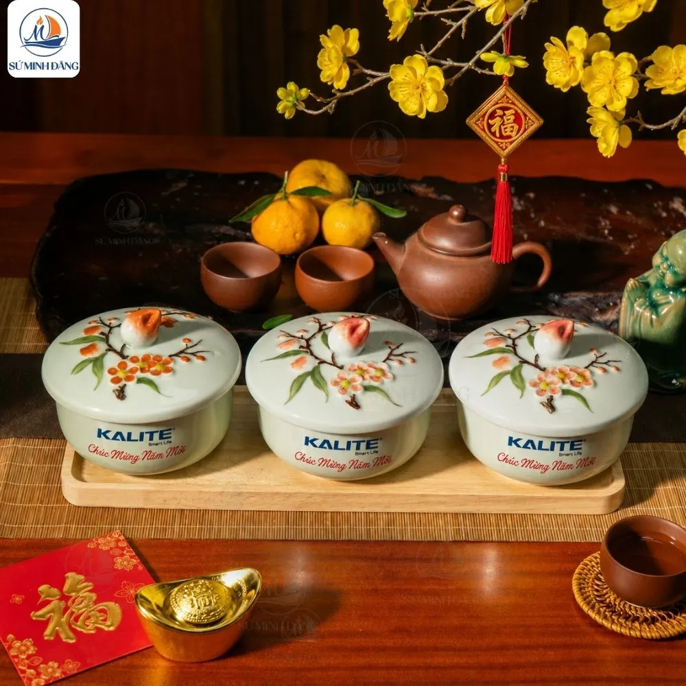 Hũ Mứt Gốm Đào Xuân In Logo Quà Tết