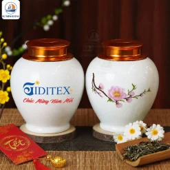 Hũ Trà Cành Đào Hồng Xuân In Logo Quà Tết