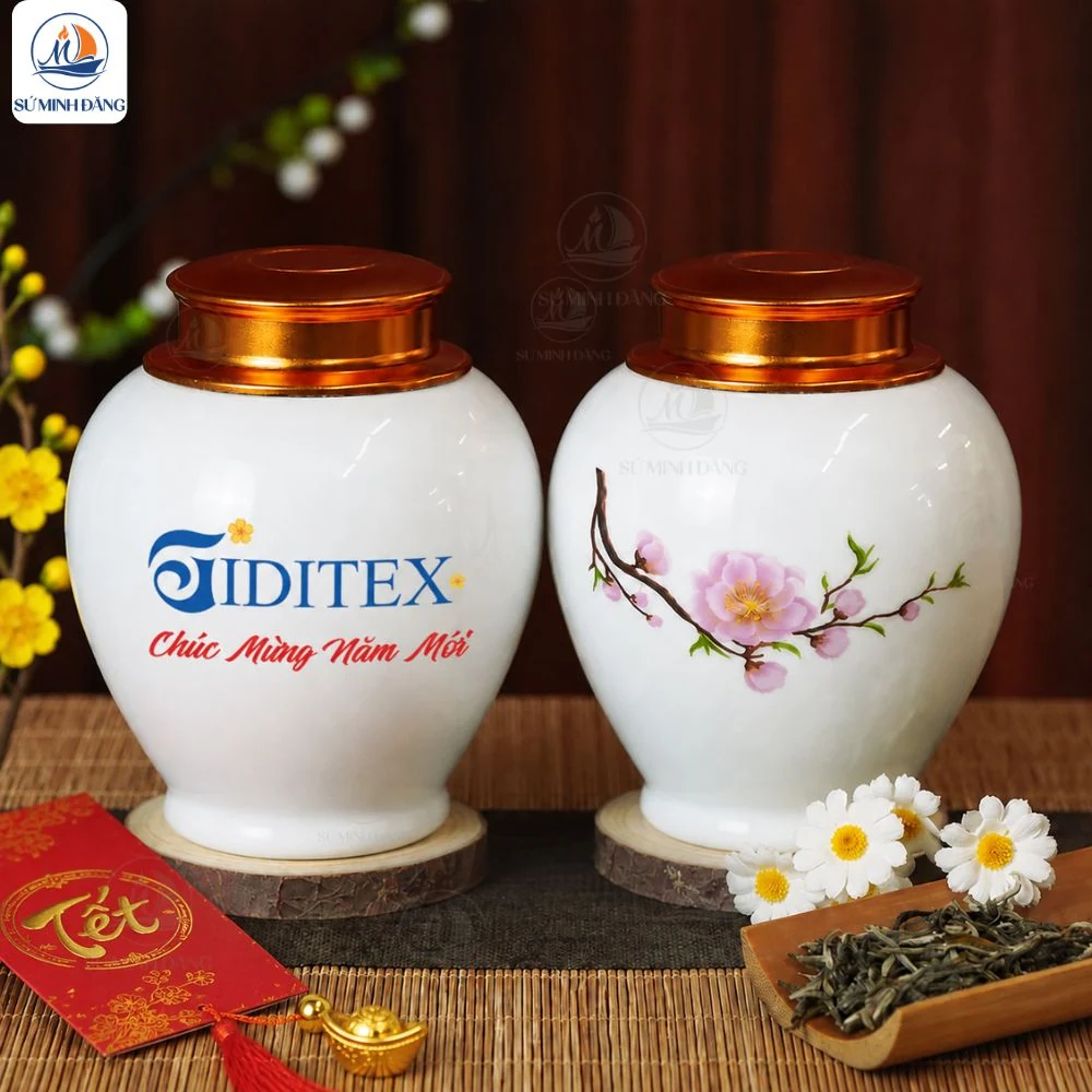 Hũ Trà Cành Đào Hồng Xuân In Logo Quà Tết