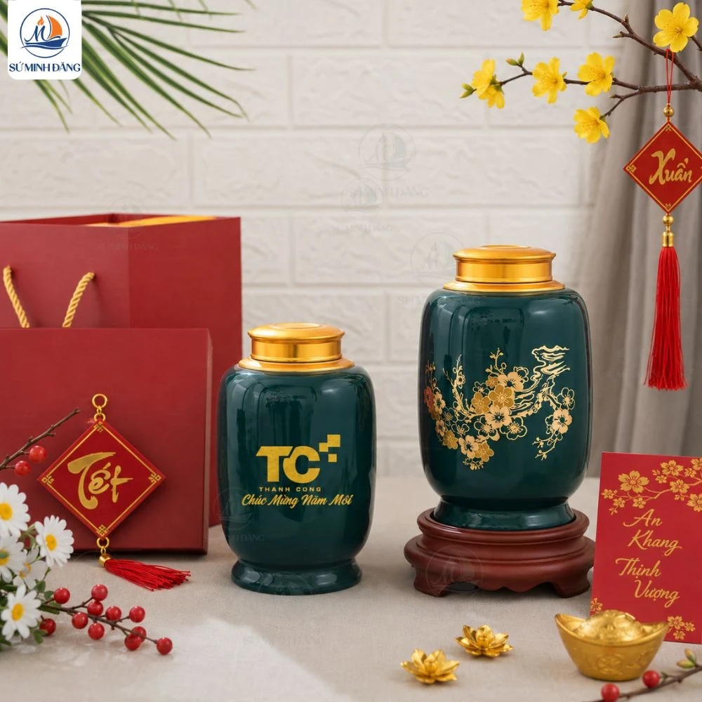 Hũ Trà Đào Xuân Cát Tường In Logo Quà Tết