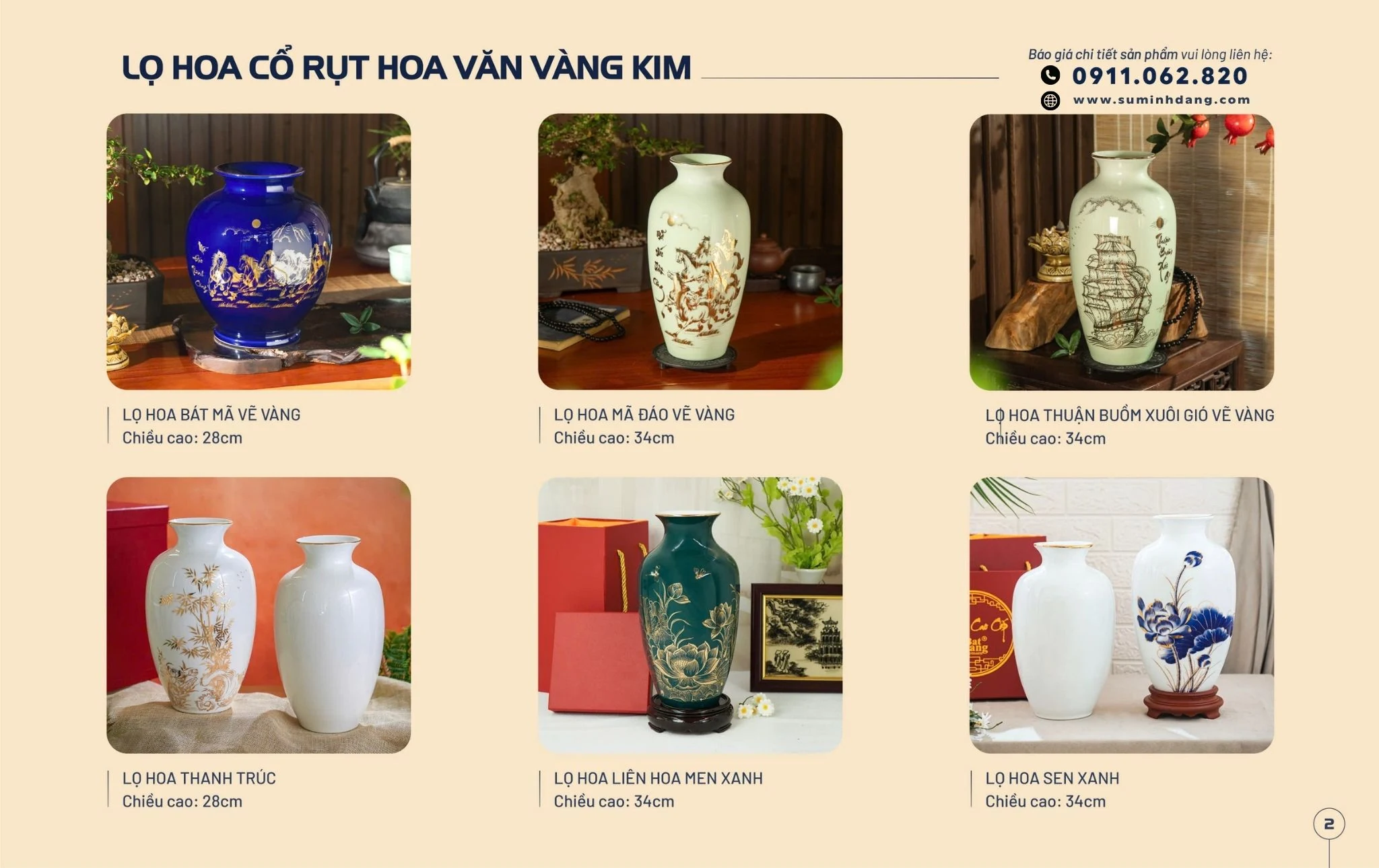 lọ hoa cổ rụt hoa văn vàng kim catalogue minh đăng