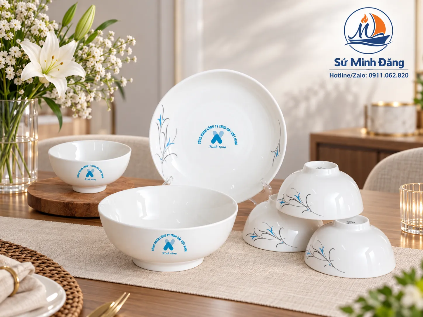 bộ bát đĩa in logob tặng học sinh , giao viên nhân ngày kỷ niệm thành lập trường