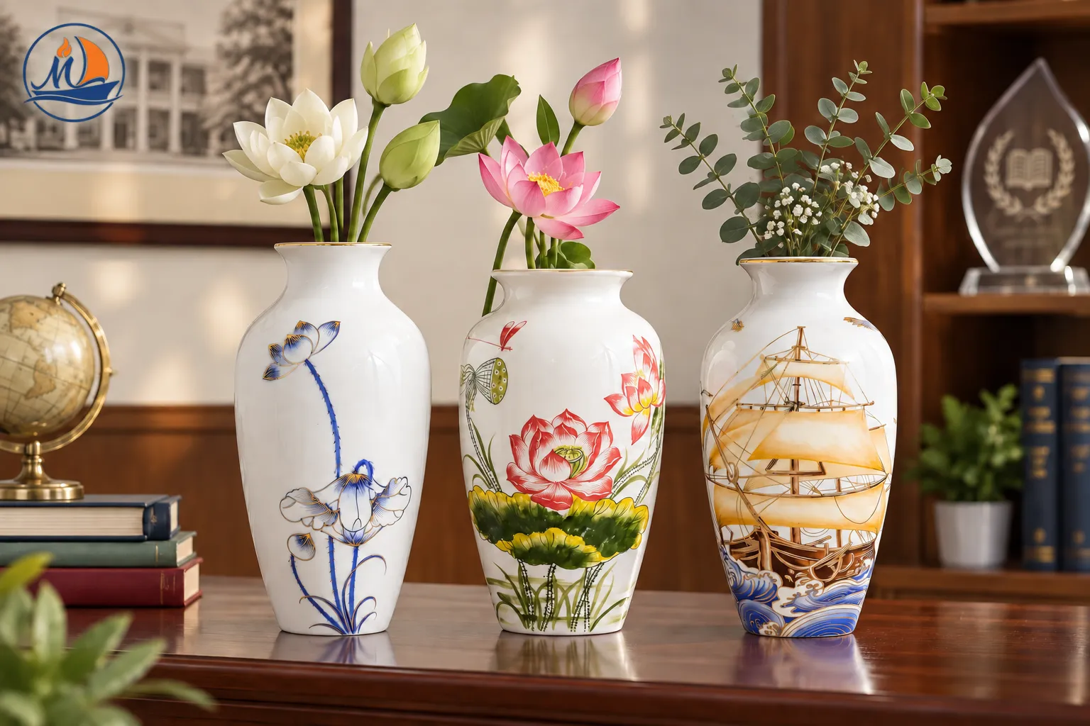 lọ hoa in logo kỷ niệm thành lập trường