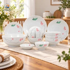 Bộ Bát Đĩa Hoa Sen In Logo Quà Tặng