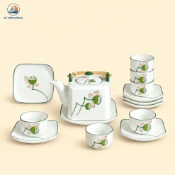 Bộ Ấm Chén Dáng Vuông Sen Hồng Bát Tràng