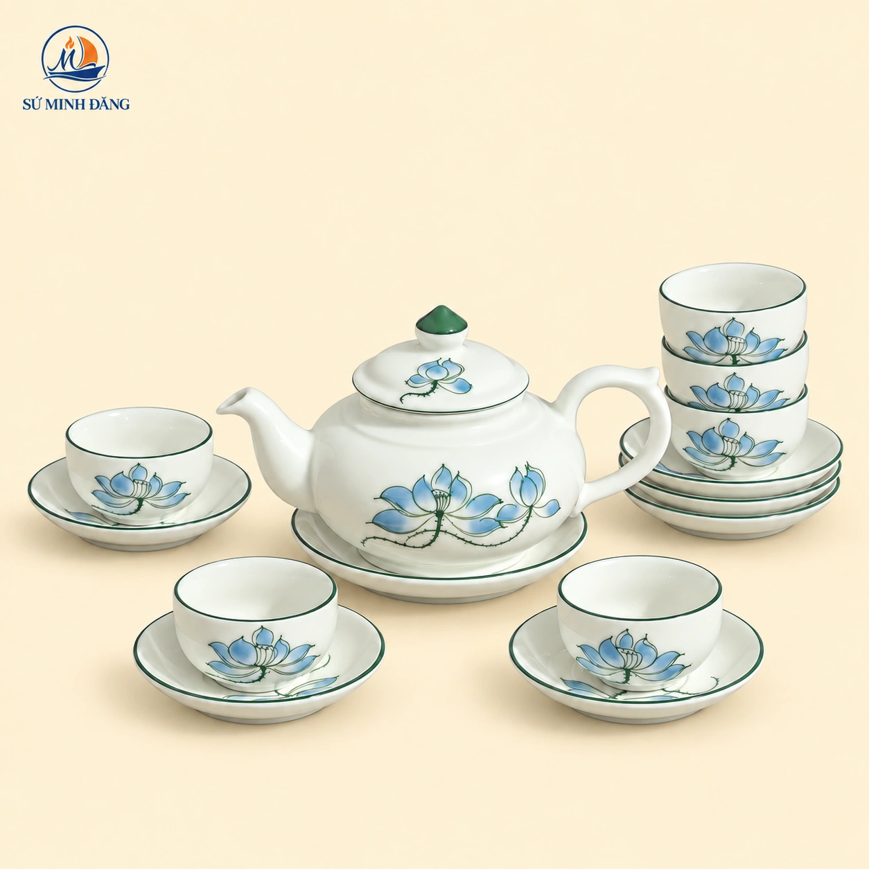 Bộ Ấm Chén Dáng Tròn Sen Xanh Bát Tràng