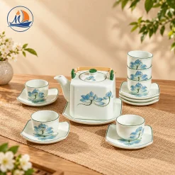 Bộ Ấm Chén Dáng Vuông Sen Xanh Bát Tràng