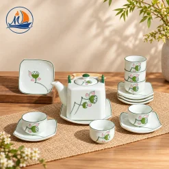Bộ Ấm Chén Dáng Vuông Sen Hồng Bát Tràng