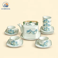 Bộ Ấm Chén Dáng Vuông Sen Xanh Bát Tràng